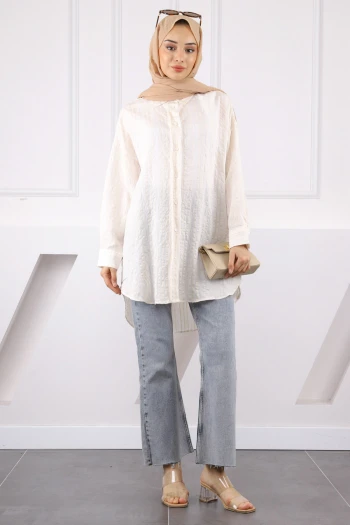 Krem Simli Çizgili Gofralı Tunik