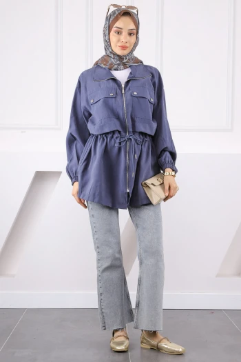 Lacivert Bel Bağlamalı Çift Cepli Trençkot
