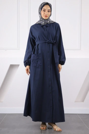 Lacivert Cepli Çiçek Nakışlı Elbise