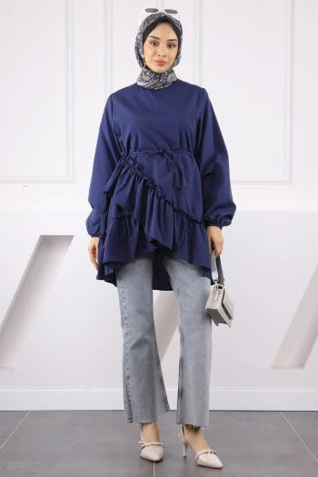 Lacivert Eteği Katlı Fırfırlı Tunik