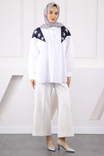 Lacivert Garnili Taş Detaylı Gömlek