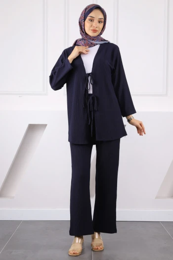 Lacivert Ön Bağlamalı Bürümcük Kimono Pantolonlu Takım