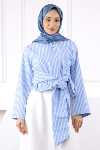 Mavi Bel Bağlamalı Crop Gömlek