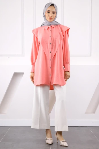 Pembe Ön Detaylı Kol Bağlamalı Tunik