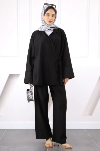 Siyah Kimono Modal Pantolonlu Takım