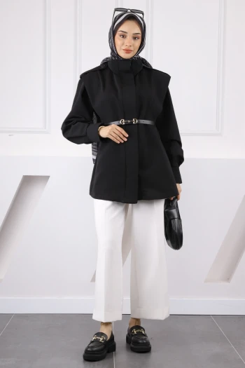 Siyah Omuz Apoletli Kemerli Trençkot