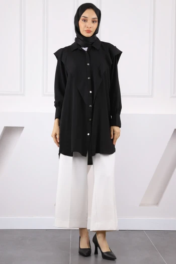 Siyah Ön Detaylı Kol Bağlamalı Tunik