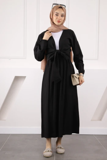 Siyah Yan Bağlamalı Bürümcük Bluz Etekli Takım