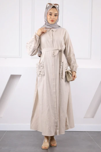 Taş Cepli Çiçek Nakışlı Elbise