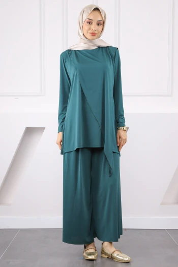Zümrüt Yeşili Ön Detaylı Sandy Tunik Pantolon Takım