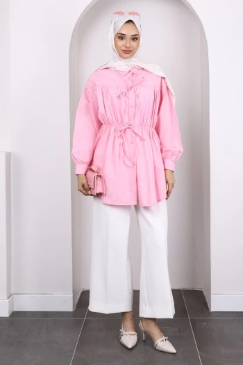 Açık Pembe Bel Lastikli Düğmeli Tunik