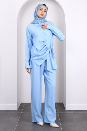 Bebe Mavi Ön Bağlamalı Tunik Pantolonlu Takım