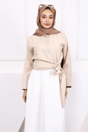 Bej Bel Bağlamalı Modal Gömlek