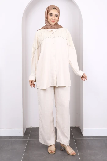 Bej Dantel Detaylı Boncuklu Tunik Pantolonlu Takım