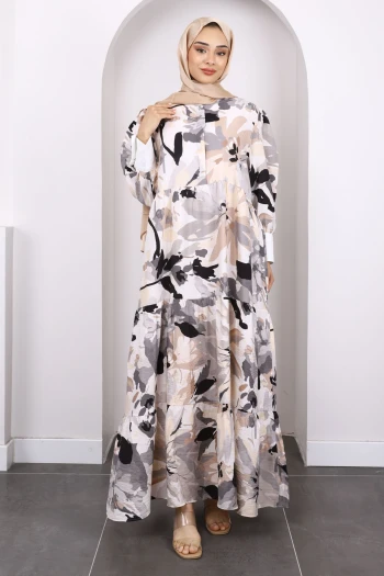 Bej Desenli Yarım Düğmeli Elbise