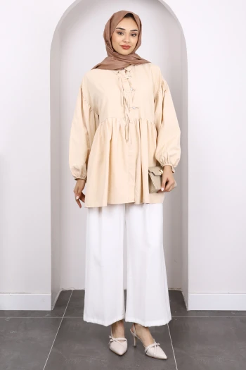 Bej Kol Lastikli Ön Düğmeli Tunik