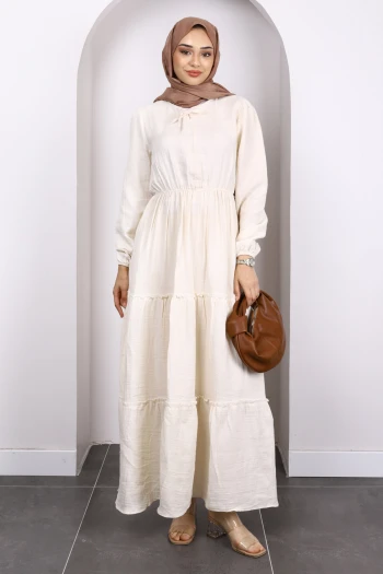 Bej Yaka Bağlamalı Eteği Katlı Muslin Elbise