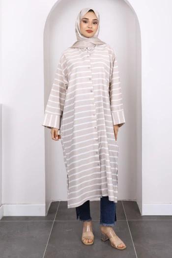 Bej Yarasa Kol Çizgili Modal Tunik