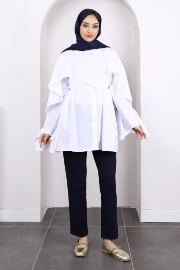 Beyaz Beli İpli Volanlı Tunik