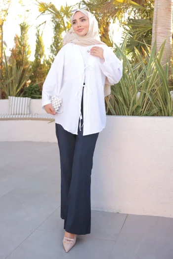 Beyaz Ön Bağlamalı Kimono Tunik