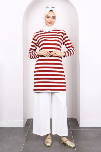 Bordo Çizgili Uzun Kol Tunik