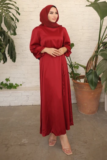Bordo Hakim Yaka Balon Kol Saten Abiye Elbise