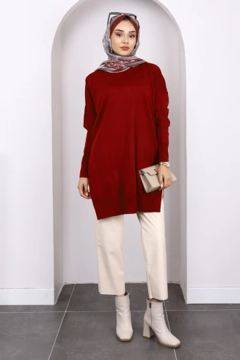 Bordo Mevsimlik Merserize Salaş Triko Tunik