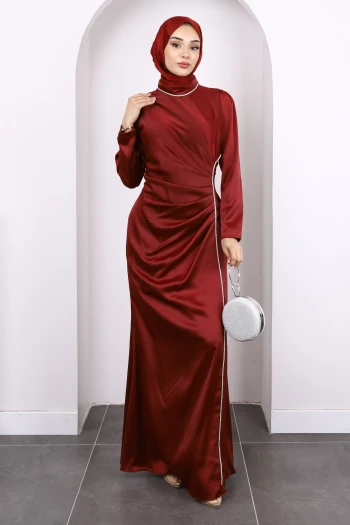 Bordo Önü Drapeli Taşlı Saten Abiye