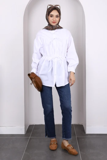 Ekru Bel Lastikli Düğmeli Tunik