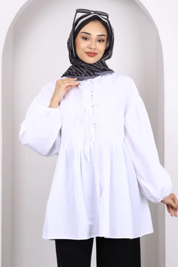 Ekru Kol Lastikli Ön Düğmeli Tunik