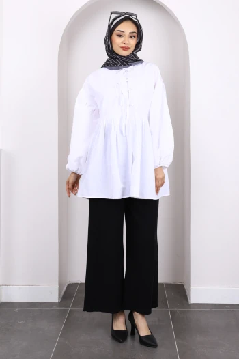 Ekru Kol Lastikli Ön Düğmeli Tunik