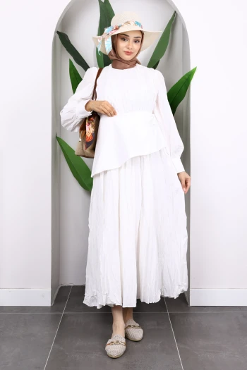 Ekru Kuşak Detaylı Kraş Elbise