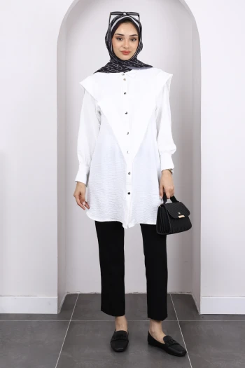 Ekru Ön Detaylı Kol Bağlamalı Tunik