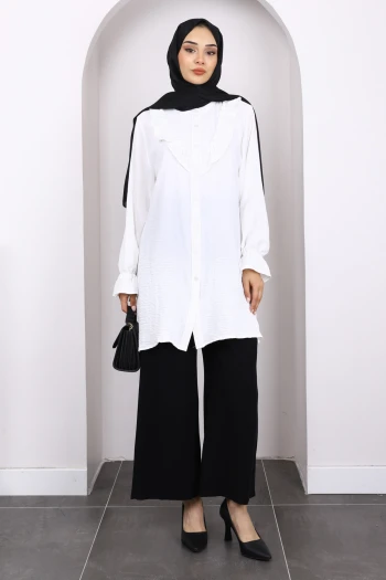 Ekru Önü Fırfırlı Ayrobin Tunik