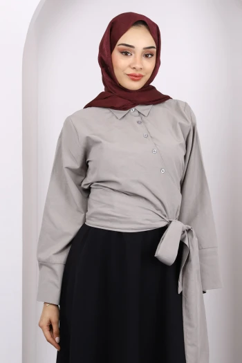 Gri Bel Bağlamalı Crop Gömlek