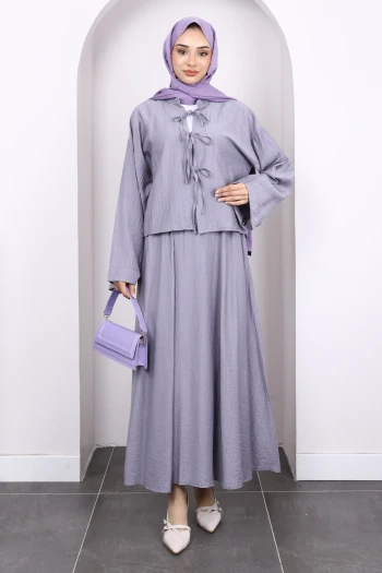 Gri Önü Bağlamalı Kimono Etekli Takım