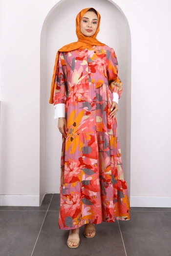 Gül Kurusu Desenli Yarım Düğmeli Elbise