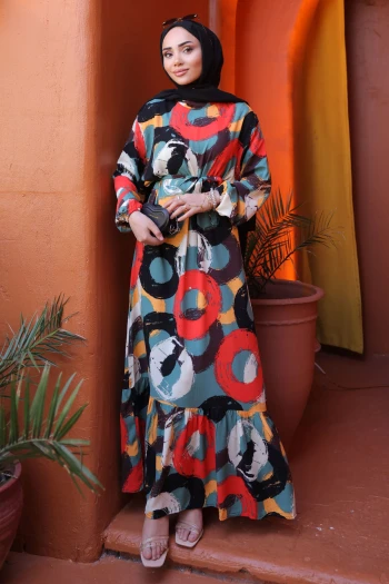 Haki Desenli Eteği Katlı Viscon Elbise