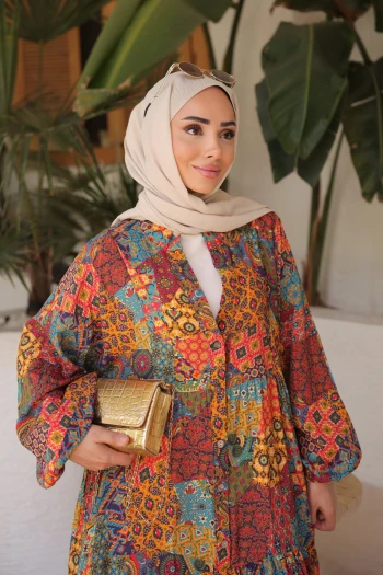 Hardal Yarım Düğmeli Eteği Katlı Elbise