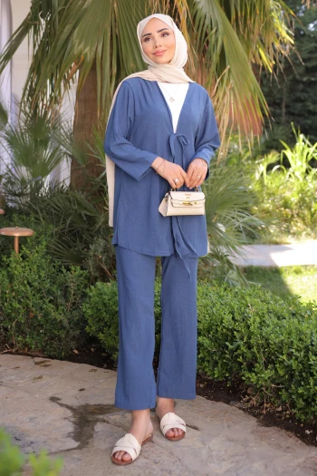 İndigo Ön Bağlamalı Bürümcük Kimono Pantolonlu Takım