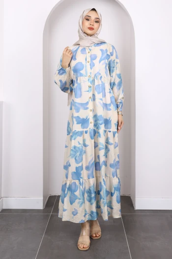 İndigo Yarım Düğmeli Eteği Katlı Desenli Elbise