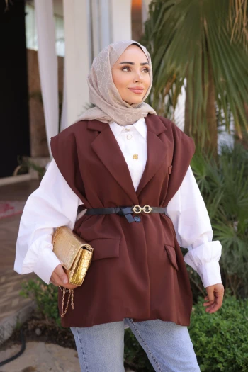 Kahverengi Bel Kemerli Yelek