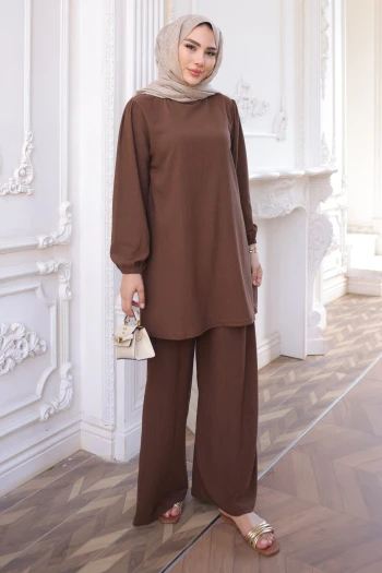 Kahverengi Bürümcük Tunik Pantolonlu Takım