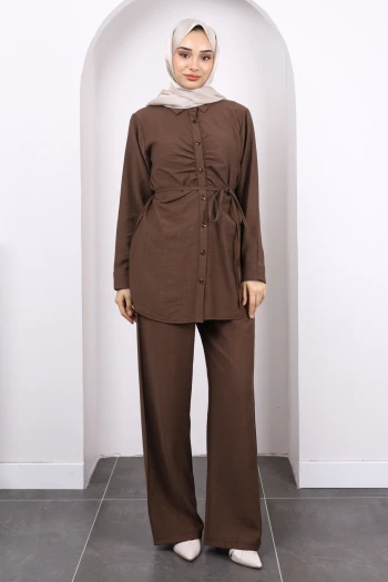 Kahverengi Ön Drapeli Tunik Pantolonlu Takım