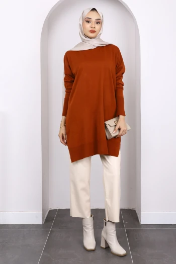 Kiremit Bisiklet Yaka Merserize Salaş Triko Tunik