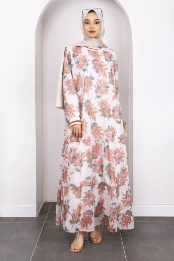 Kiremit Desenli Şifon Elbise