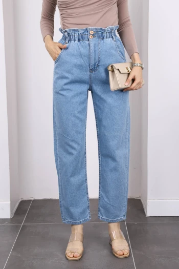 Koyu Mavi Bel Lastikli Mom Jeans Pantolon