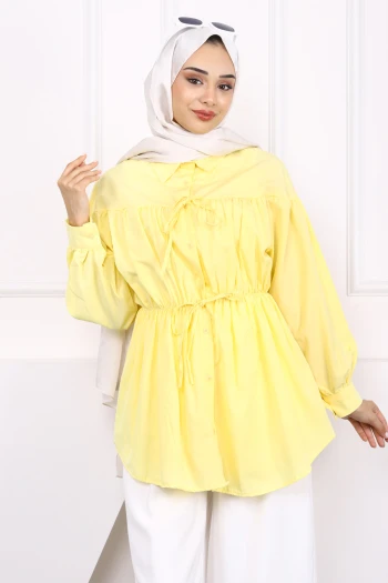 Koyu Sarı Bel Lastikli Düğmeli Tunik