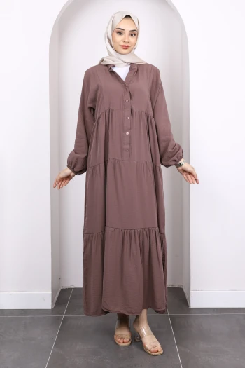 Koyuv Vizon Yarım Düğmeli Eteği Katlı Modal Elbise