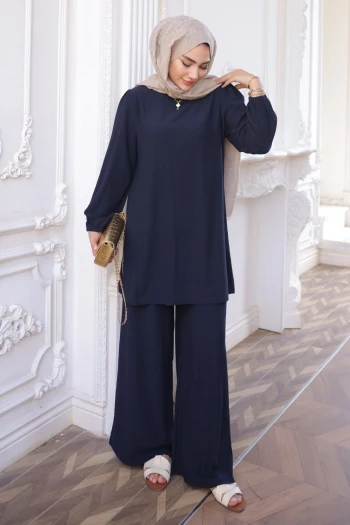 Lacivert Bürümcük Tunik Pantolonlu Takım